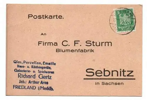 Friedland Mecklenburg Postkarte 1925 Glas Porzellan Gertz nach Sebnitz