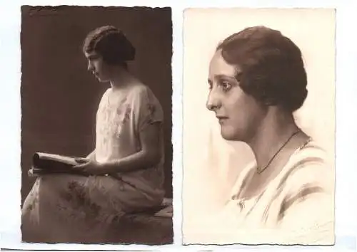 Foto Ak Dame Portrait Profil 1920 er Meiningen 2 Stück feine Mode 