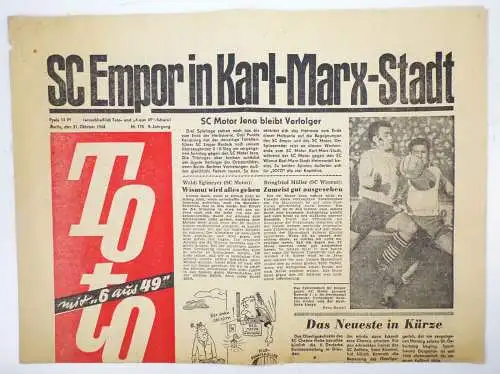 Toto 6 aus 49 Zeitung Fussball SC Empor in Karl Marx Stadt Nr 174 Oktober 1962