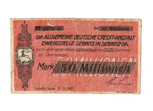 Geldschein Sebnitz 50 Millionen 1923 Inflation Deutsche Credit Anstalt