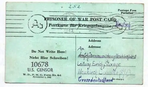 US Kriegsgefangenenpost 2 x Swift Texas 1943 1944 PO New York WW2 OKW Censor