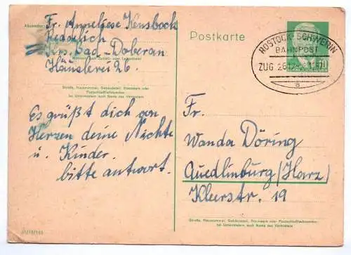 DDR Ganzsache Bahnpost Stempel Rostock Schwerin 1957