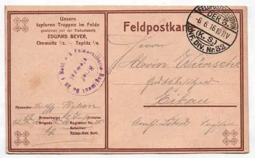 Feldpostkarte 1916 mit Reklame Eduard Beyer Tinte Chemnitz
