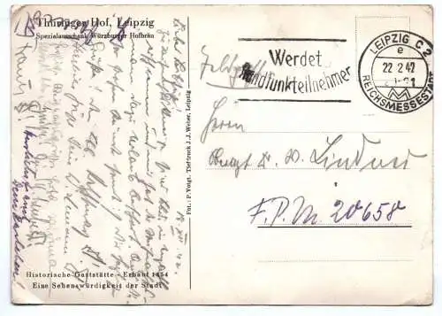 Ak Leipzig Thüringer Hof 1942 historische Gaststätte Postkarte