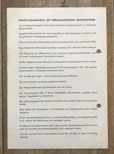 Prospekt PFAFF Schnellnäher mit halbautomatischen Spuelnwechsler Werbeblatt