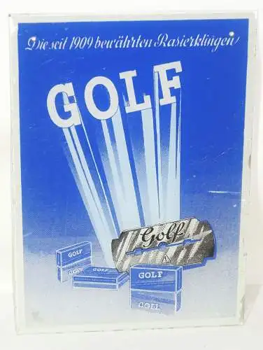 Altes Glasschild Reklame Schild GOLF Rasierklingen um 1950 vintage razor blades