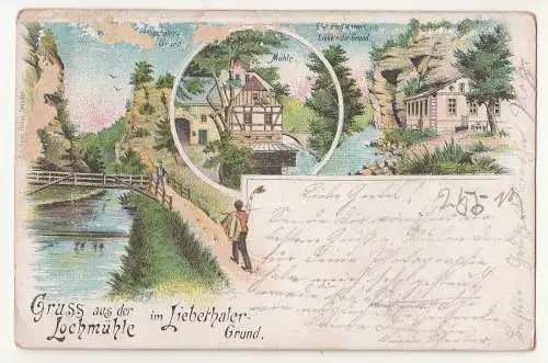 Litho Ak Gruss aus der Lochmühle im Liebethaler Grund 1901 Sächs. Schweiz (A913
