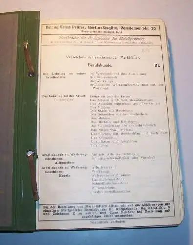 Merkblätter für Facharbeiter des Metallgewerbes Ernst Prüfer Berlin - Steglitz !