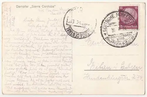 Ak Dampfer Sierra Crdoba 1937 Deutsche Schiffspost Stempel ! (A1054