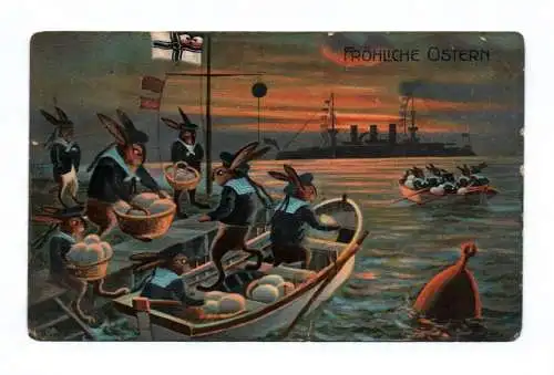 Ak Fröhliche Ostern Hasen als Matrosen auf Booten vermenschlicht 1913