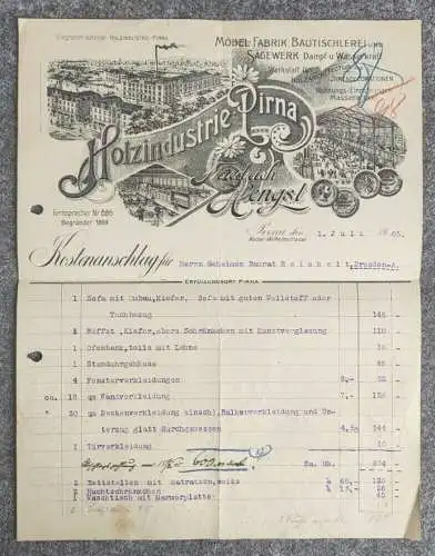 Prachtvolle Litho Rechnung Pirna Möbelfabrik Bautischlerei 1905