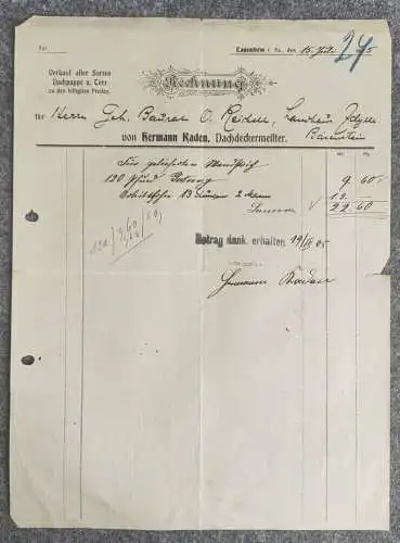 Rechnung 1905 Lauenstein Sachsen Verkauf Dachpappe