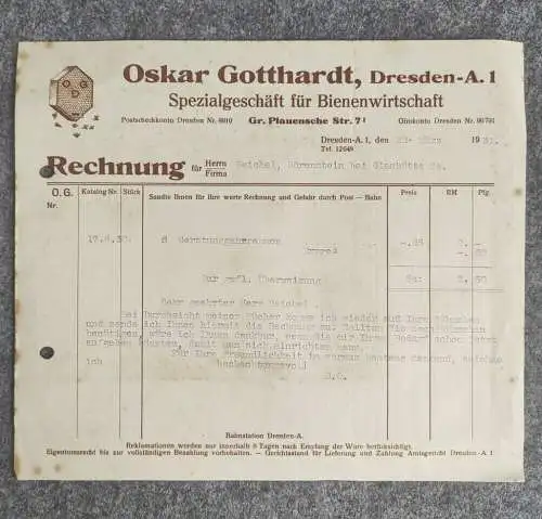 Rechnung Spezialgeschäft für Bienenwirtschaft 1931 Dresden