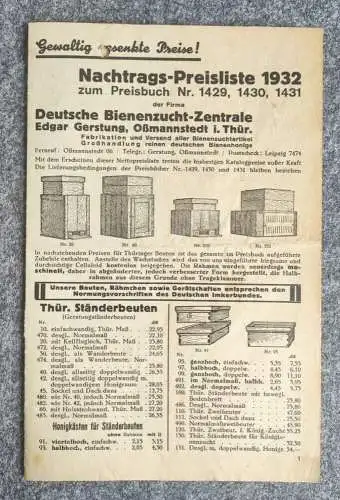 Nachtrags Preisliste Imker Bienen 1932 Oßmannstedt