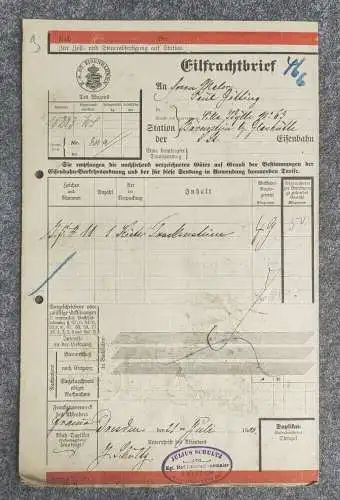 KS ST Eisenbahnen Eilfrachtbrief 1905 Bärenstein Glashütte