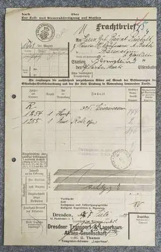 Frachtbrief Station Bärenstein 1905 Dresdener Transport Lagerhaus AG