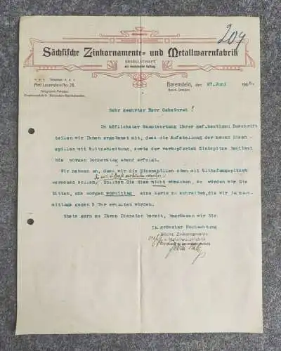 Sächsische Zinkornamente und Metallwarenfabrik 1906 Dokument Lieferbestätigung