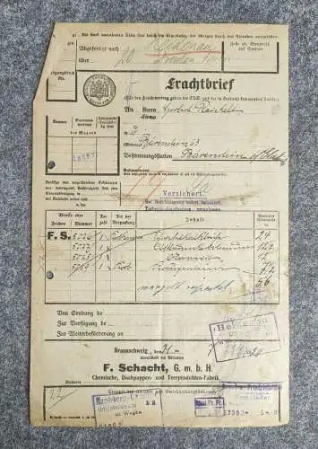 Frachtbrief Bärenstein Braunschweig 1920Königliche Eisenbahndirektion