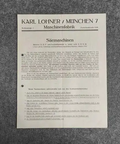 Prospekt Karl Lohner München Maschinenfabrik 1919 Säemaschinen