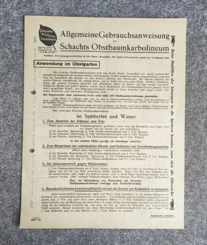 Alte allgemeine Gebrauchsanweisung Schachts Obstbaumkarbolineum
