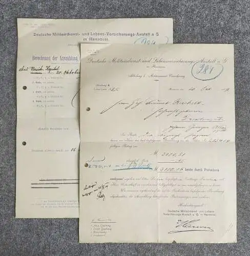 Altes Dokument Militairdienst Lebensversicherungs Anstalt 1909