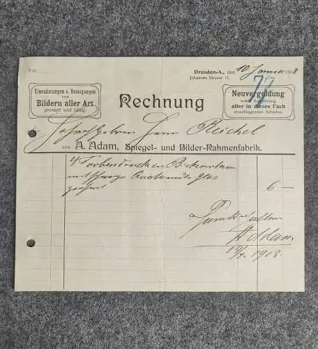 Rechnung Einrahmungen und Reinigungen von Bildern Dresden 1908