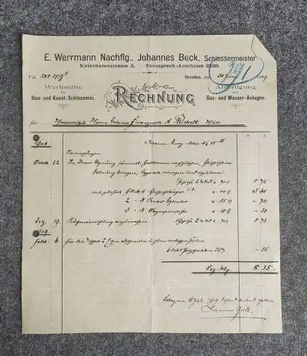 Rechnung 1909 Werkstätte für Bau und Kunst Schlosserei