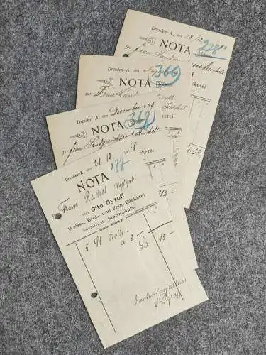 4 alte Quittungen 1907 1908 1909 NOTA Bäckerei Dresden