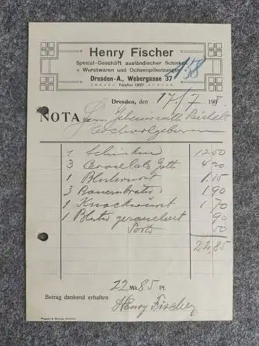 Henry Fischer alte Quittung 1908 NOTA Dresden Bäckerei