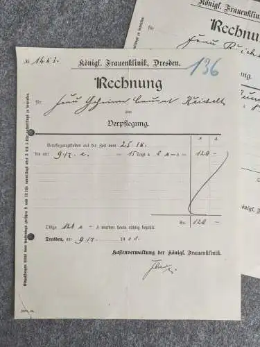 2x Rechnung Königliche Frauenklinik Dresden 1908