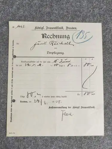 2x Rechnung Königliche Frauenklinik Dresden 1908