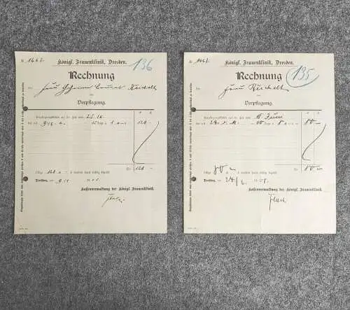 2x Rechnung Königliche Frauenklinik Dresden 1908