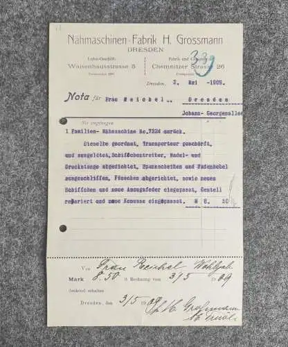 Nähmaschinenfabrik Grossmann Dresden 1909 Nota Nähmaschine