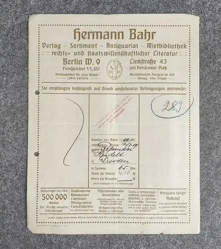Hermann Bahr Verlag Sortiment Antiquariat Mietbibliothek 1909