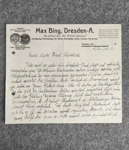 Max Bing Dresden Großhandel Hotelbedarf 1909 Nachricht altes Dokument