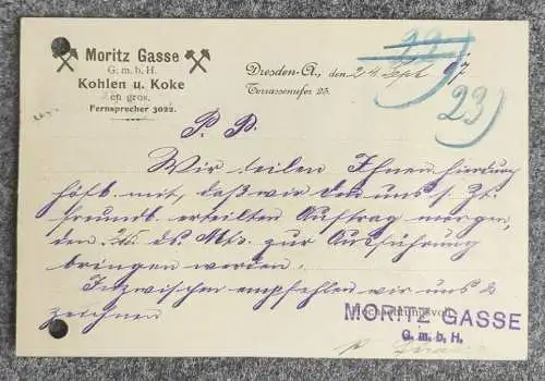 Postkarte 1907 Dresden Moritz Gasse GmbH Kohlen Koke