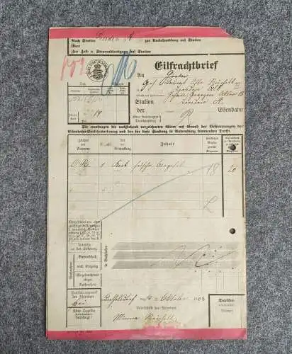 Eilfrachtbrief Königliche sächsische Staatseisenbahnen 1908