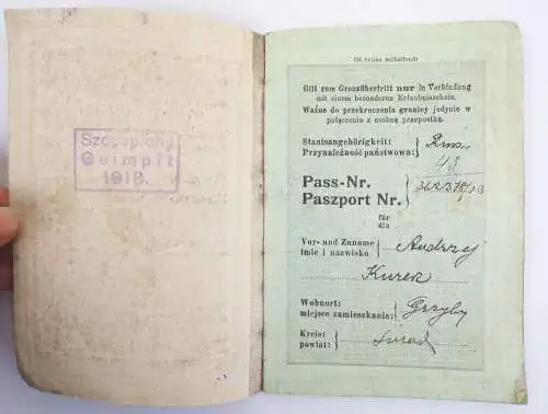 Pass 1916 Sieradz Polen Grenzübertritt Ausweis