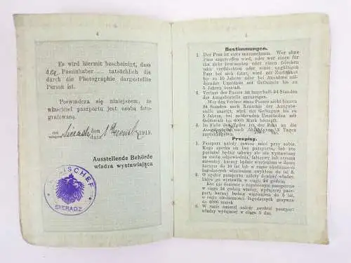 Pass 1916 Sieradz Polen Grenzübertritt Ausweis