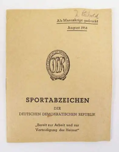 Sportabzeichen der DDR Manuskript 1958 Heft