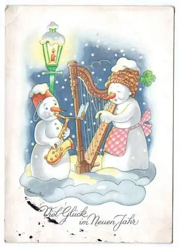 Ak Brandes Schneemänner machen Musik Neujahr 1953