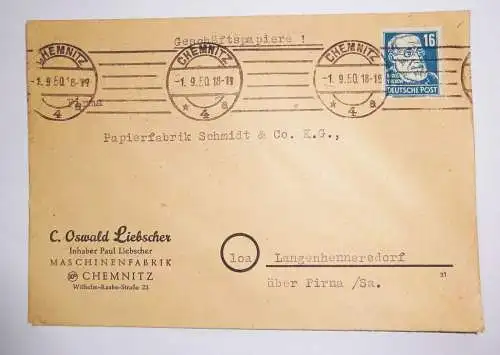 Werbe Brief 1950 C.Oswald Liebscher Maschinenfabrik Chemnitz  ! (B1