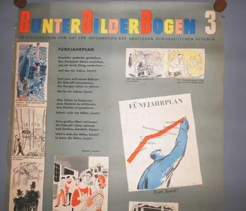 DDR Plakat um 1950 Bunter Bilder Bogen 3 Propaganda gegen Amerika Karikaturen