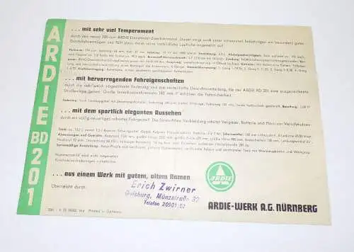 Ardie BD201 das Motorrad Reklame Druck Print Sammler 