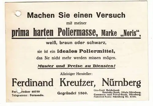 Werbe Postkarte Ferdinand Kreutzer Nürnberg Poliermasse 1933 (A2894