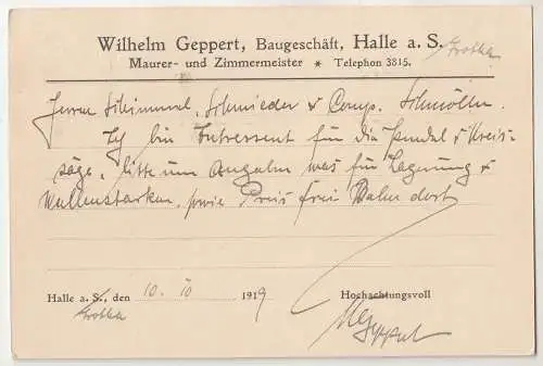 Werbe Postkarte Wilhelm Geppert Baugeschäft Halle a. S. 1919 (A2887