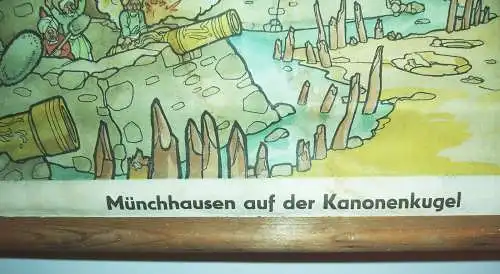 Rollkarte Wandtafel Märchen Münchhausen auf der Kanonenkugel Märchen um 1930 !