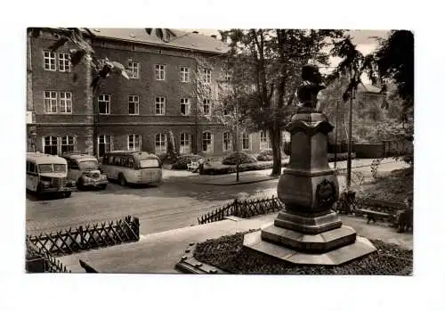 Ak Meißen Elbe Porzellanmanufaktur und Böttger Denkmal 1959