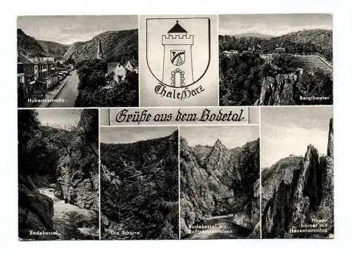 Ak Grüße aus dem Bodetal Thale Harz Hubertusstraße Bergtheater 1957