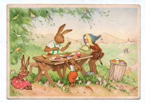 Künstler Ak Ostern vermenschlichte Hasen beim Essen am Tisch Charlotte Baron